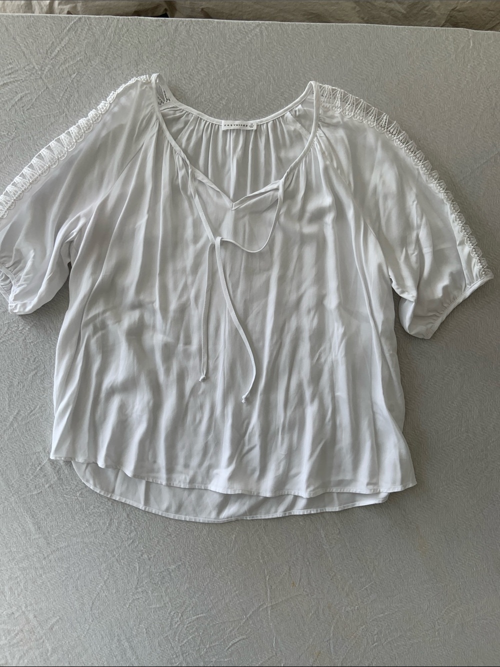 Women's White Tie-Neck Blouse with Crochet-Trim Sleeves